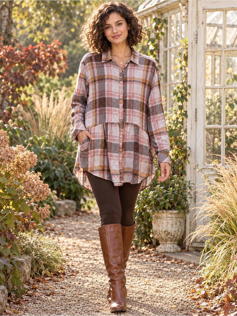 POL Plaid Drop Waist Boho Tunic Top Pockets Medium